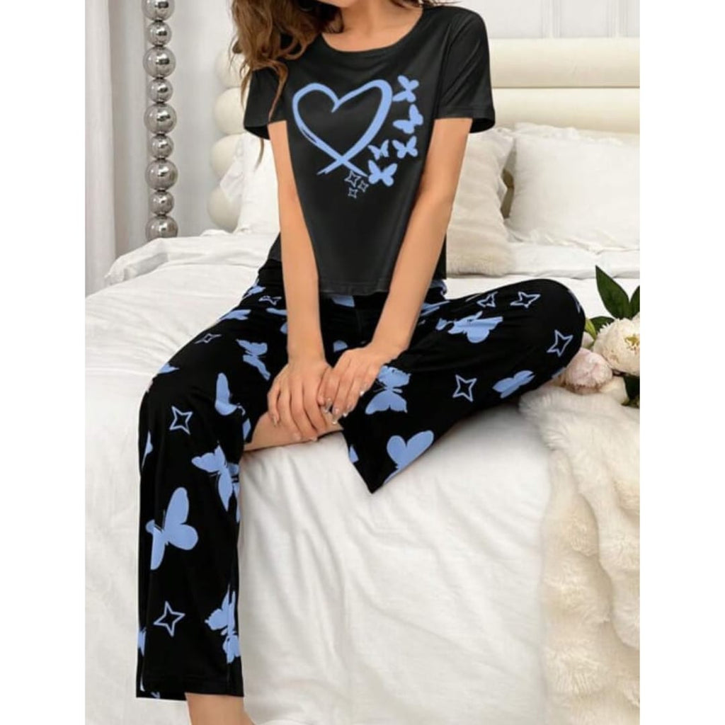 Black With Blue Butterflies Heart Printed T-shirt And Butterflies Printed Trouser Suit (RX-182)