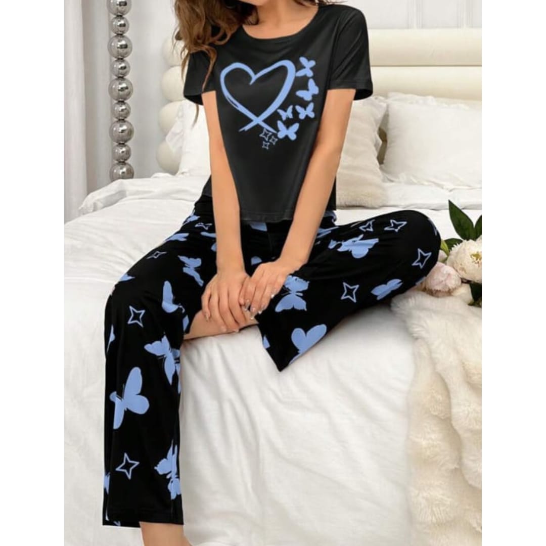 Black With Blue Butterflies Heart Printed T-shirt And Butterflies Printed Trouser Suit (RX-182)