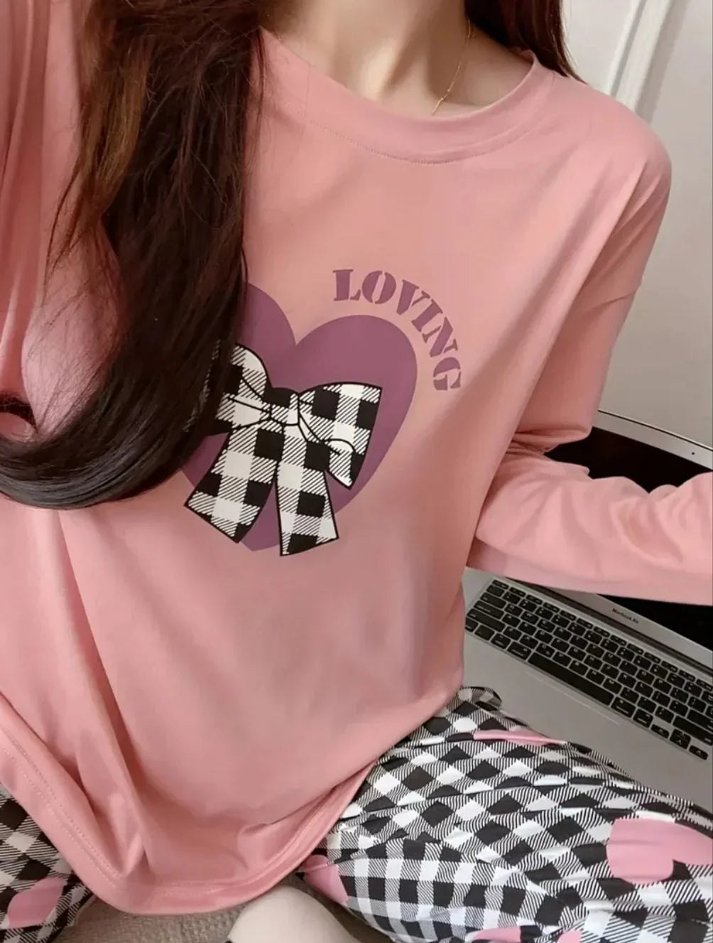 Baby Pink Loving with Check Ribbon Printed Full Sleeves PJ The Ultimate Dream Wear Sleep Suit(RX-332)