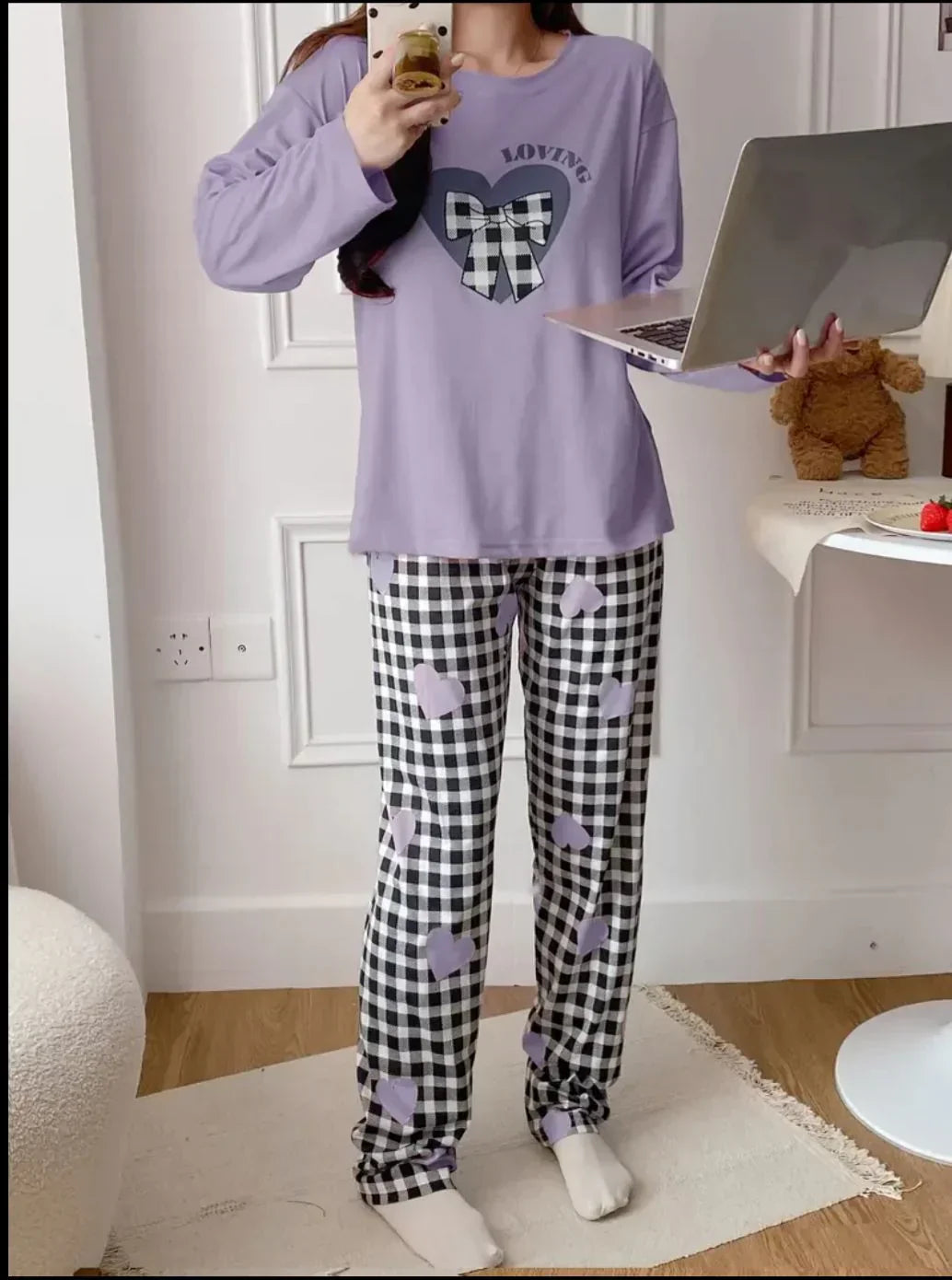 Lilac Loving with Check Ribbon Printed Full Sleeves PJ The Ultimate Dream Wear Sleep Suit (RX-331)