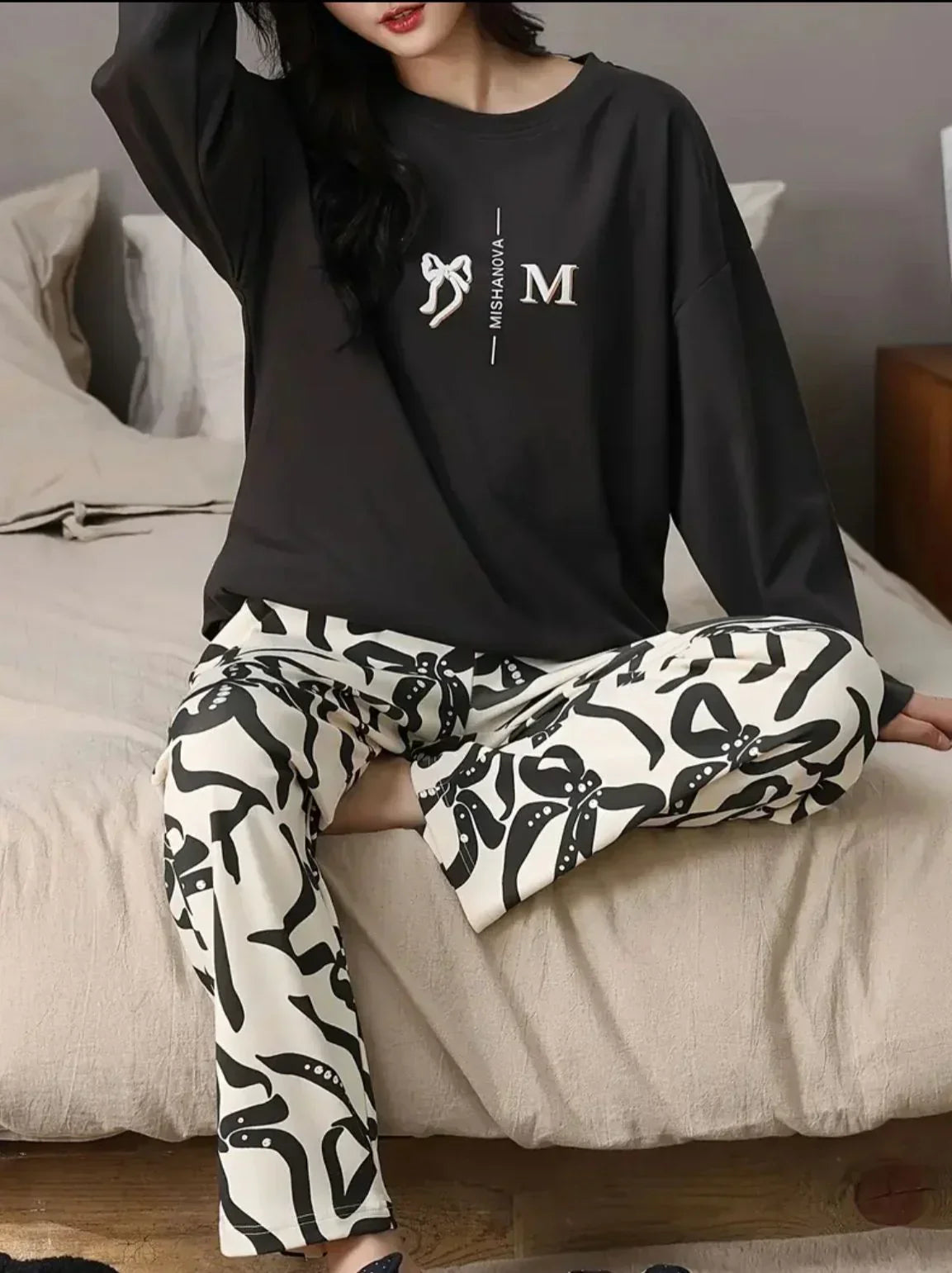 Black Ribbon Printed Full Sleeves Shirt with Off White Printed PJ The Ultimate Dream Wear Sleep Suit (RX-330)