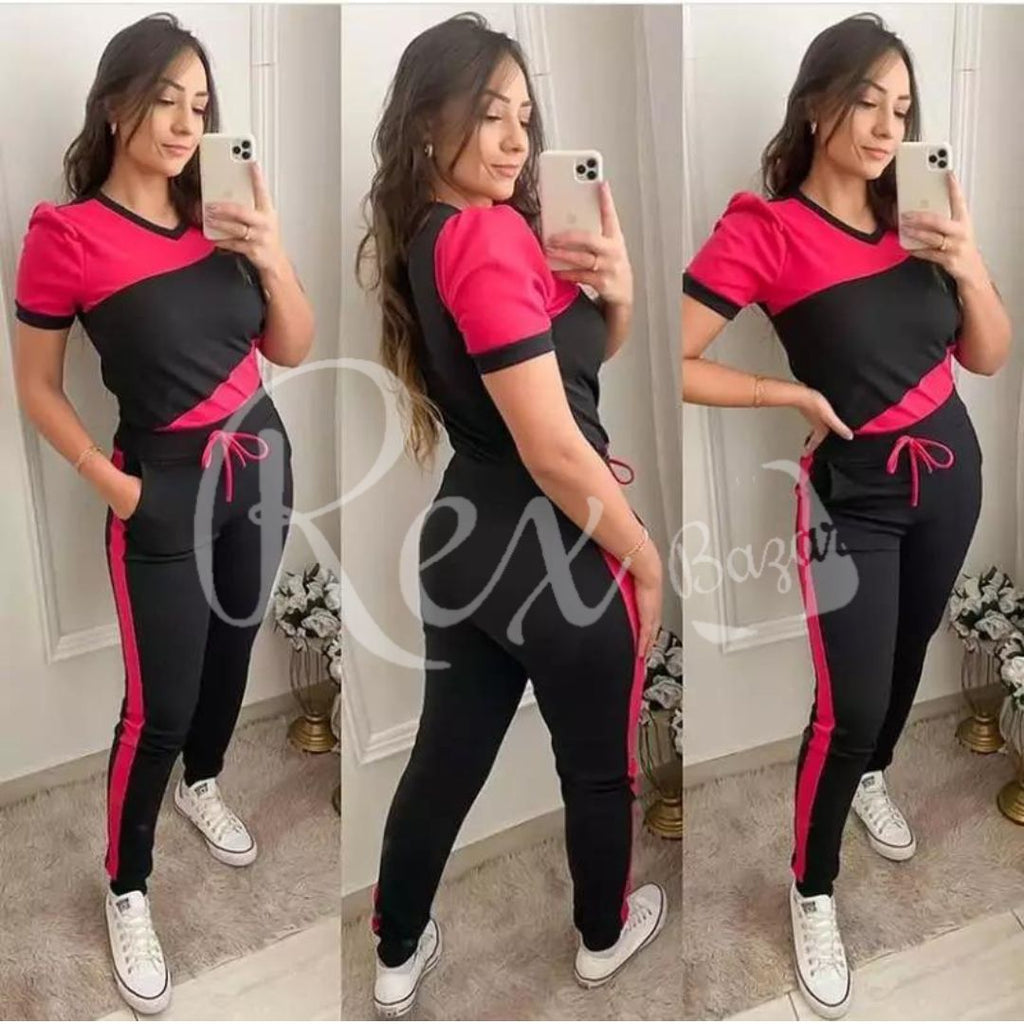 Red With Black Panel Half Sleeves T Shirt with Panel Pajama Suit for her (RX-164)