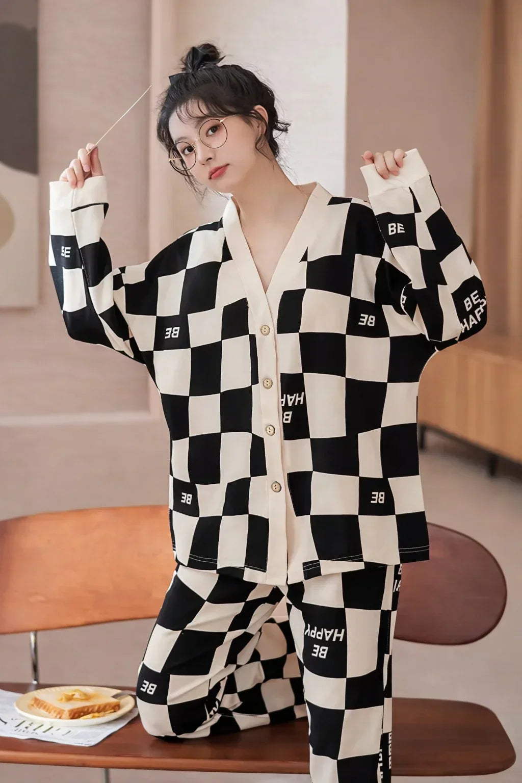 Off White with Black Check V-Neck Button Printed Pj Set For Her (RX-449)