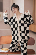 Off White with Black Check V-Neck Button Printed Pj Set For Her (RX-449)