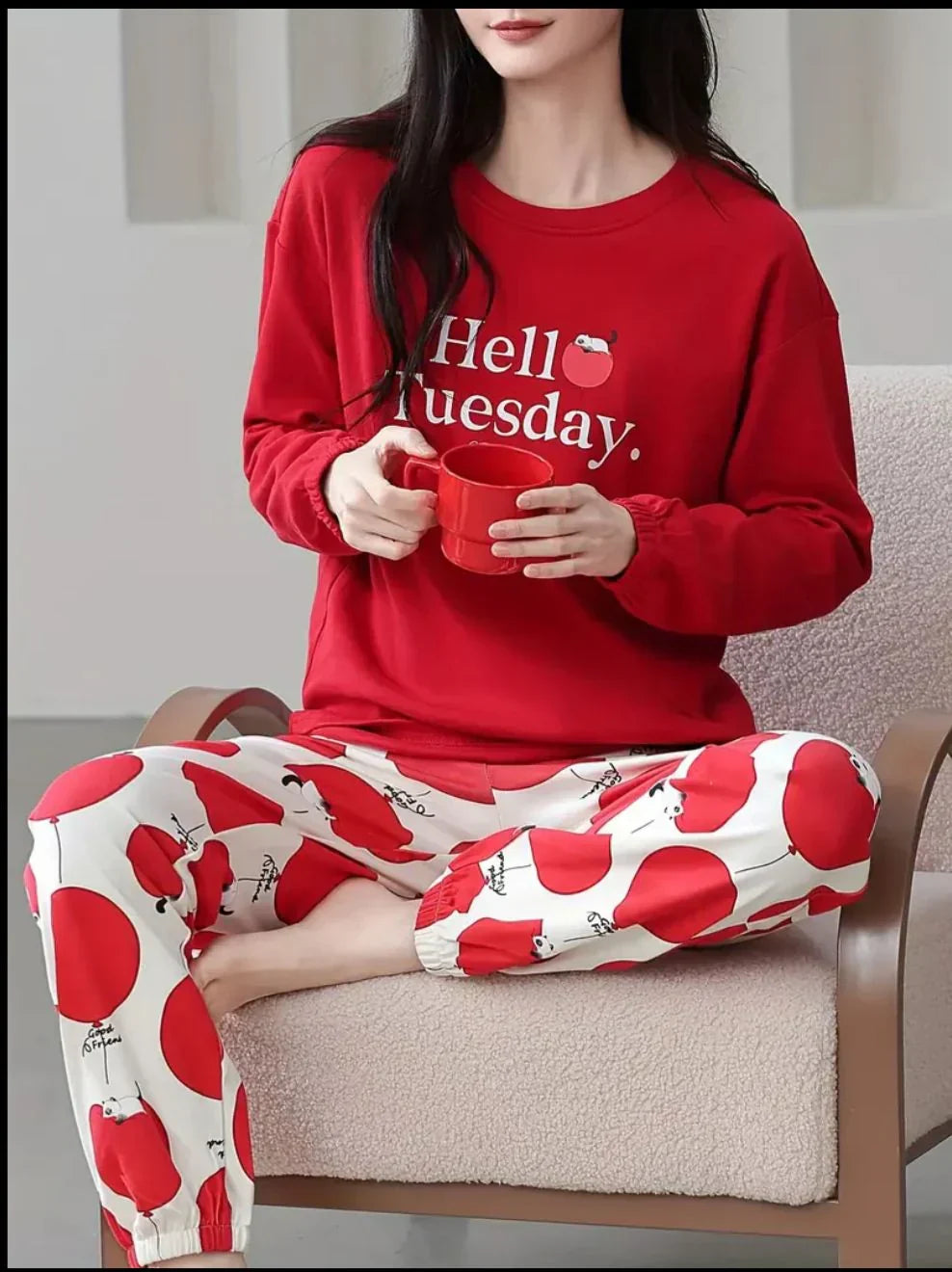 Red Hello Tuesday Printed Full Sleeves Pj The Ultimate Dream Wear Sleep Suit (RX-333)