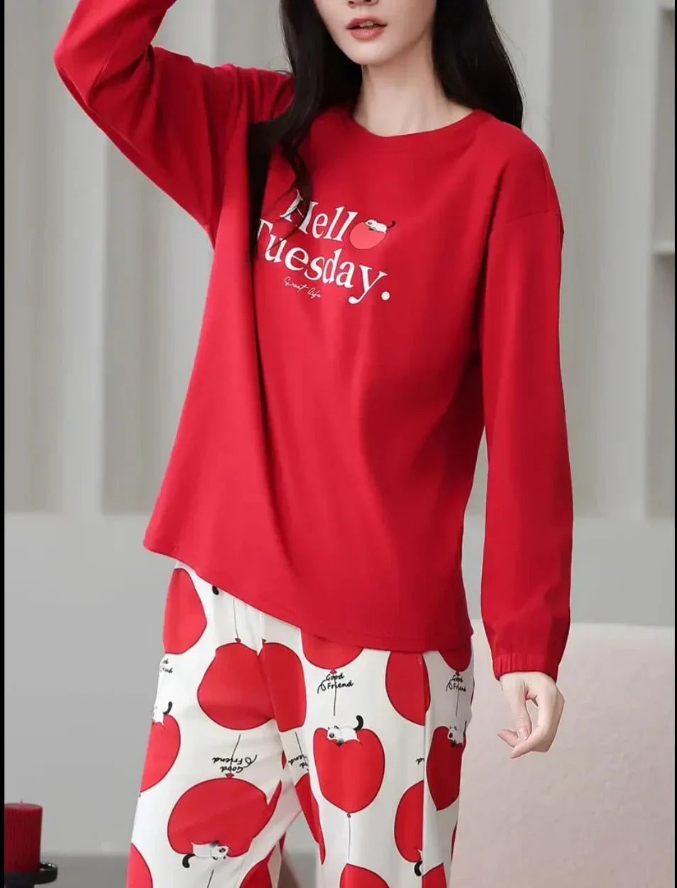 Red Hello Tuesday Printed Full Sleeves Pj The Ultimate Dream Wear Sleep Suit (RX-333)