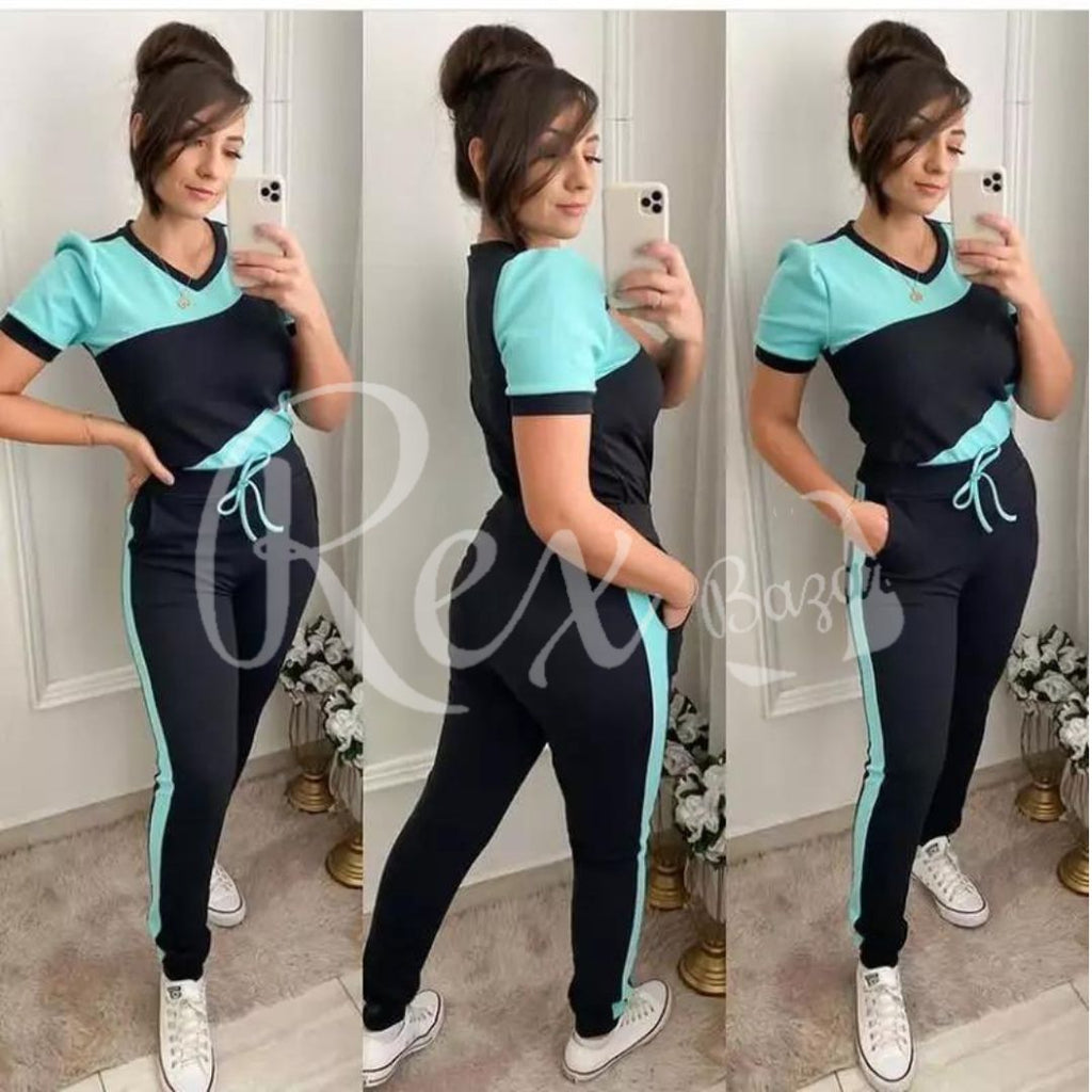 Blue With Black Panel Half Sleeves T Shirt with Panel Pajama Suit for her (RX-165)