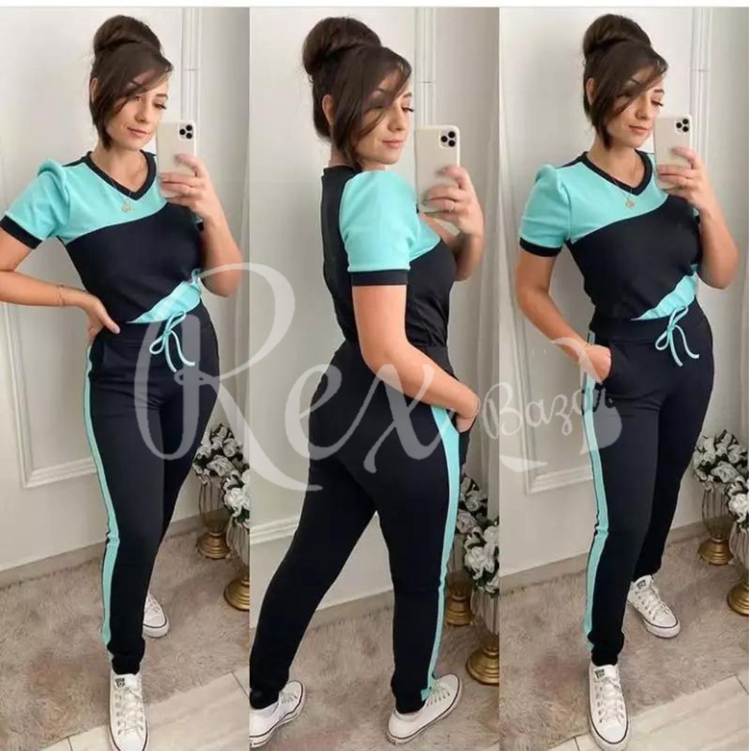 Blue With Black Panel Half Sleeves T Shirt with Panel Pajama Suit for her (RX-165)