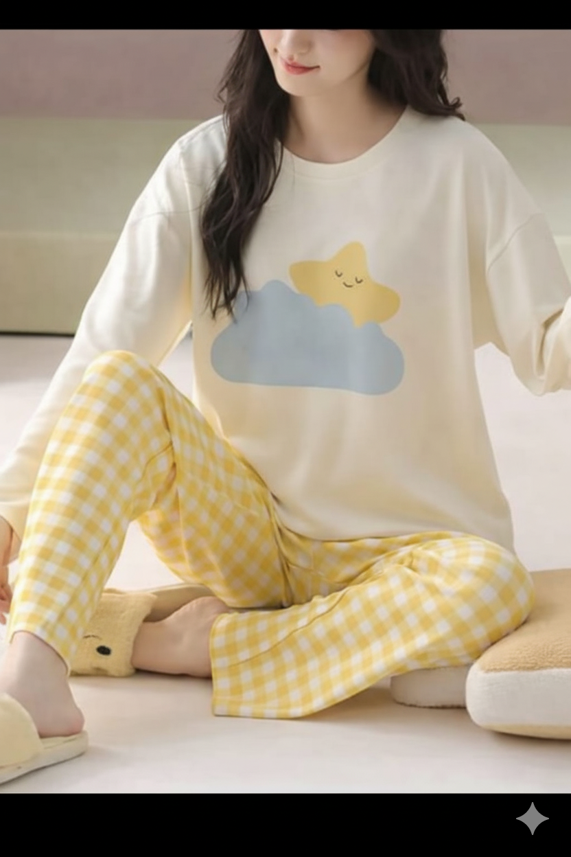 White With Clound And Star Print Full Sleeves Night Suit (RX-380)