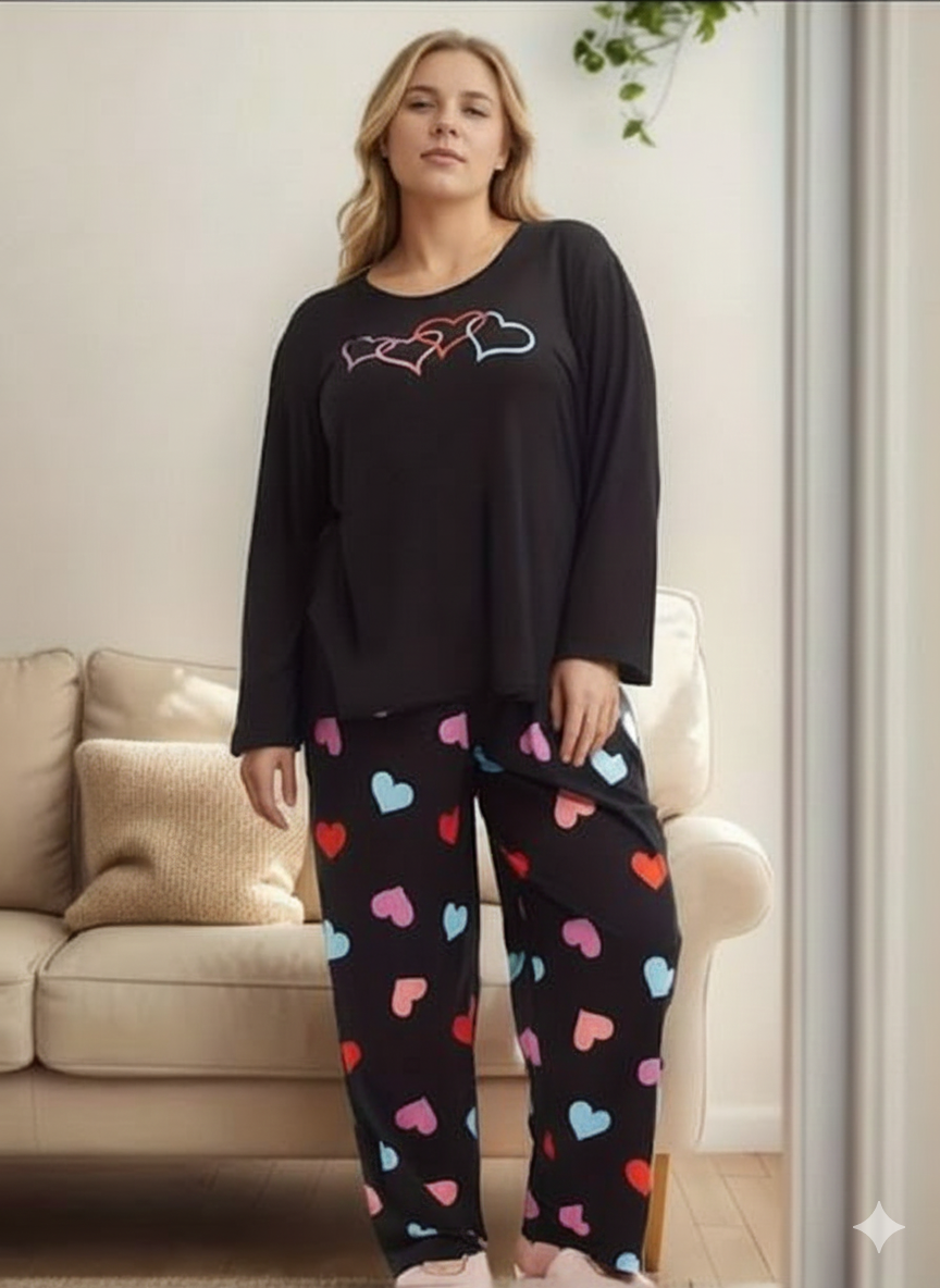Black Multi Hearts Print Full Sleeves Night Suit (RX-379)