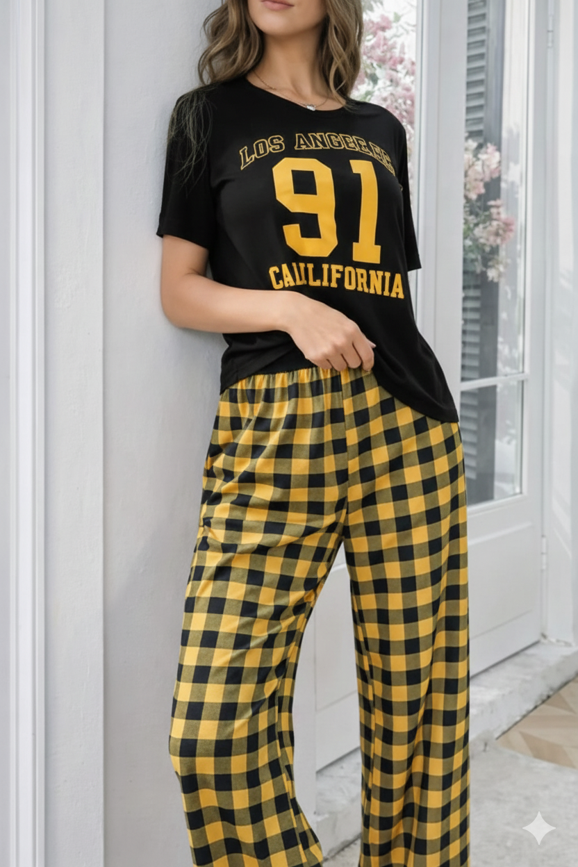 Black Los Angeles California Print Half Sleeves Night Suit (RX-382)