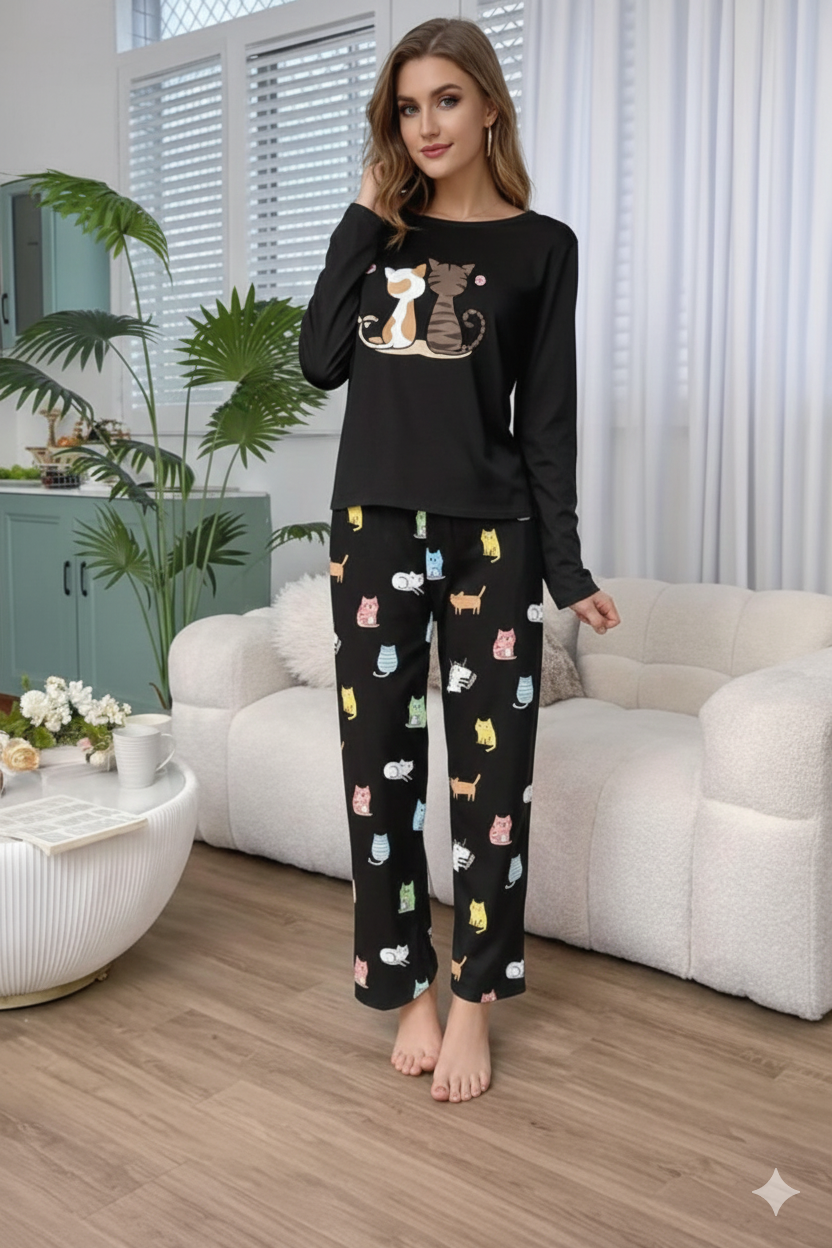Black Cats Print Full Sleeves Night Suit (RX-381)