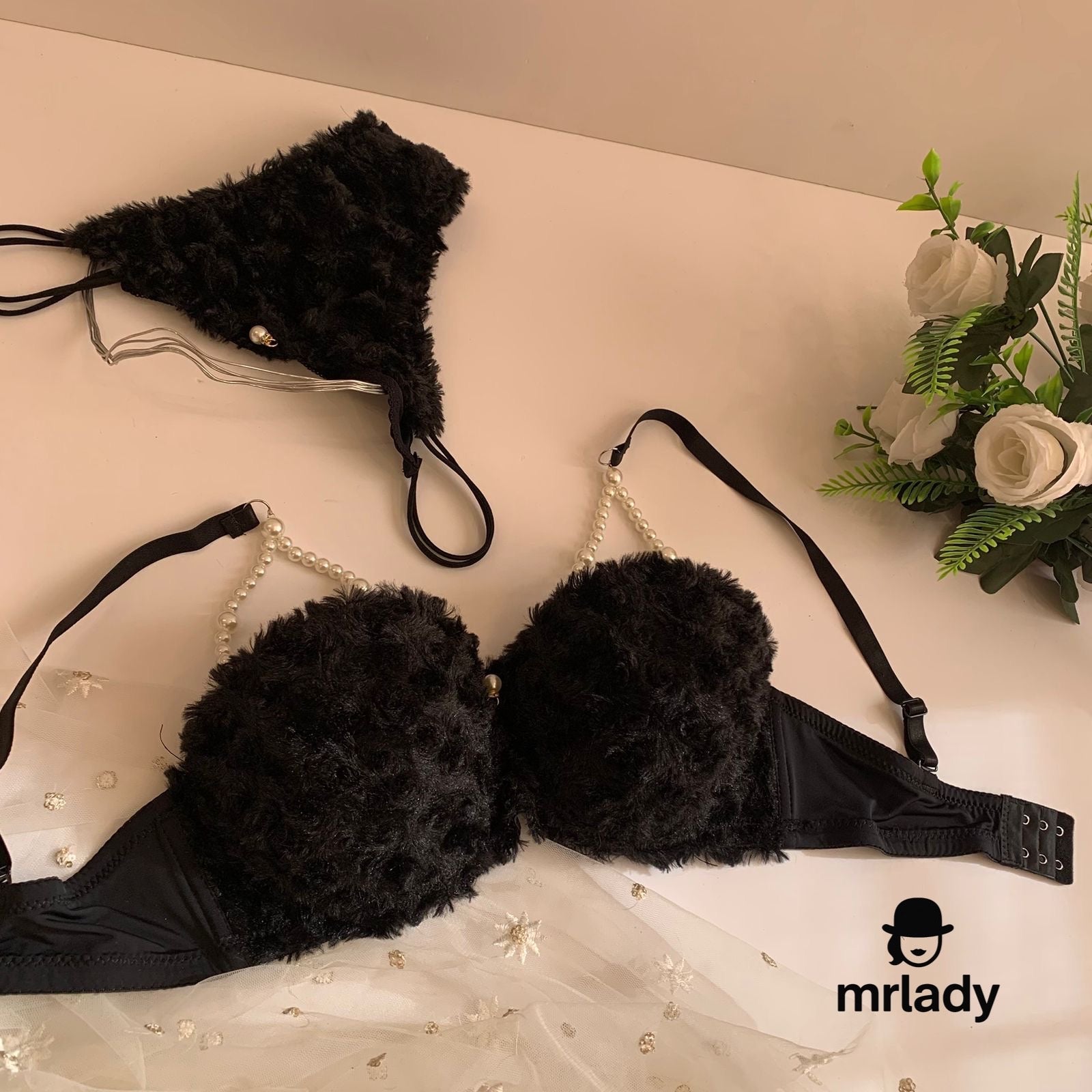 SOFT FUR THIN PAD PEARL BRA SET