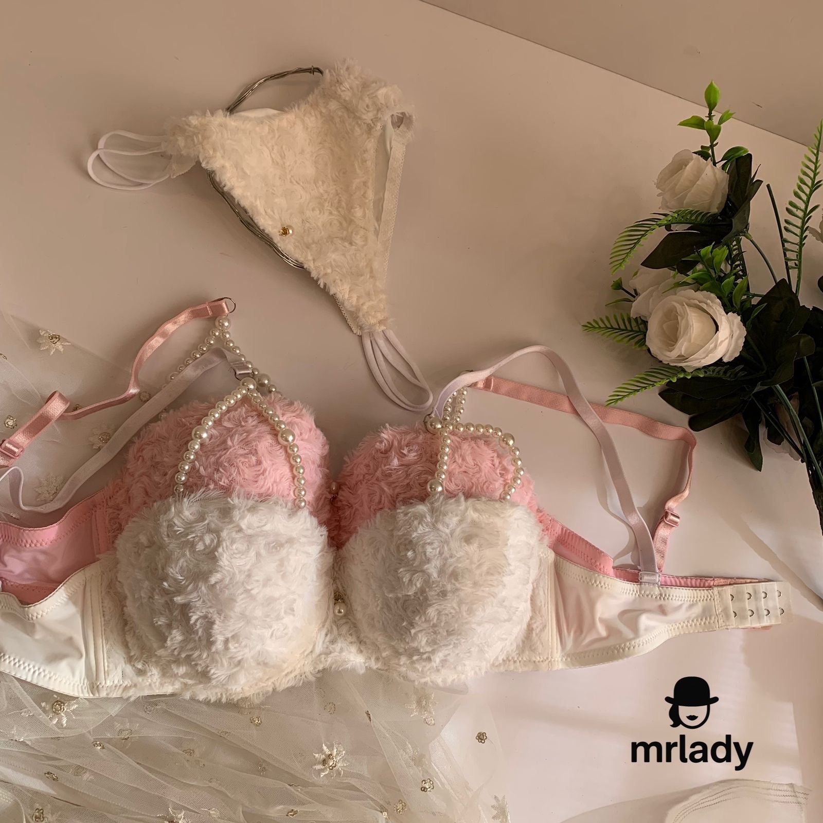 SOFT FUR THIN PAD PEARL BRA SET