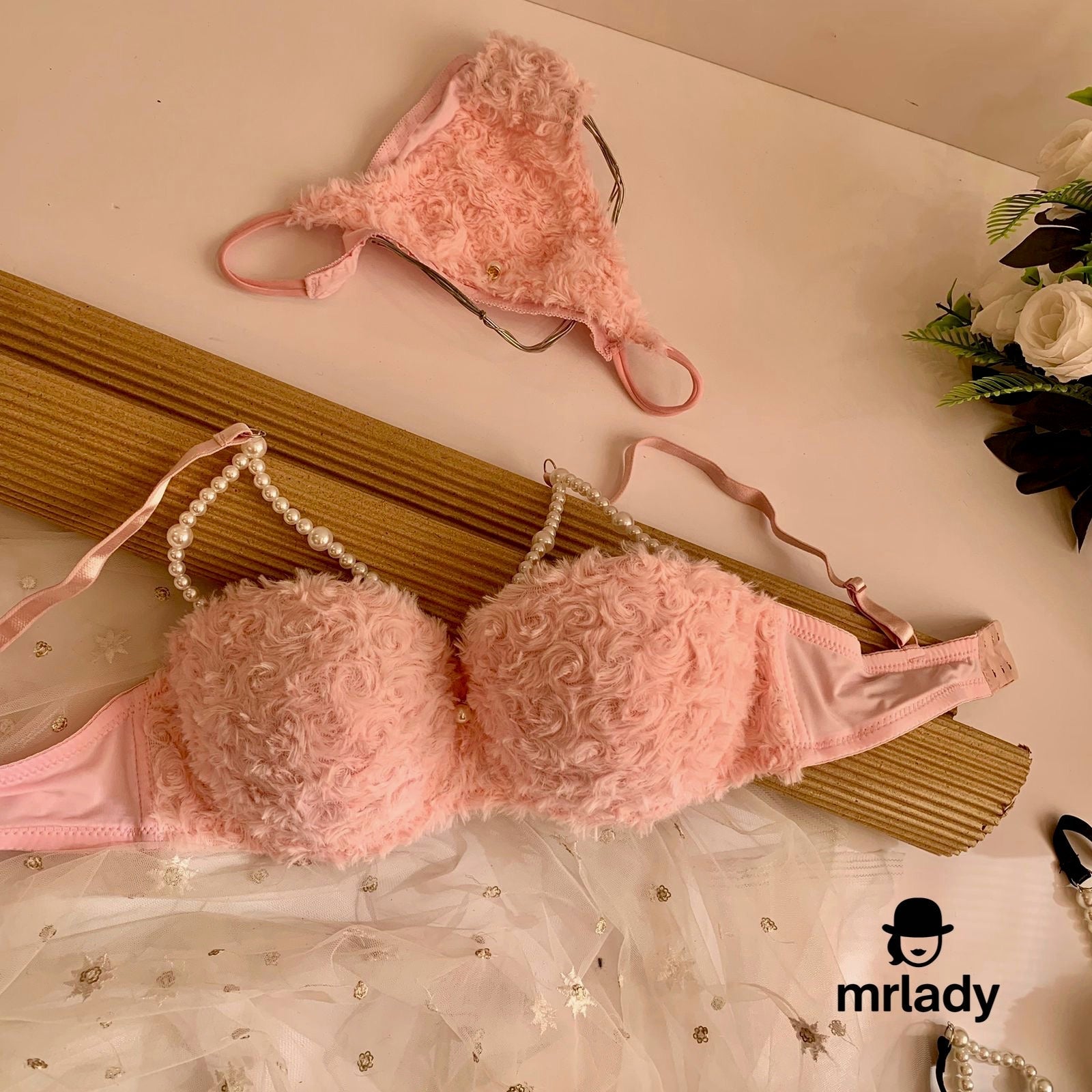 SOFT FUR THIN PAD PEARL BRA SET