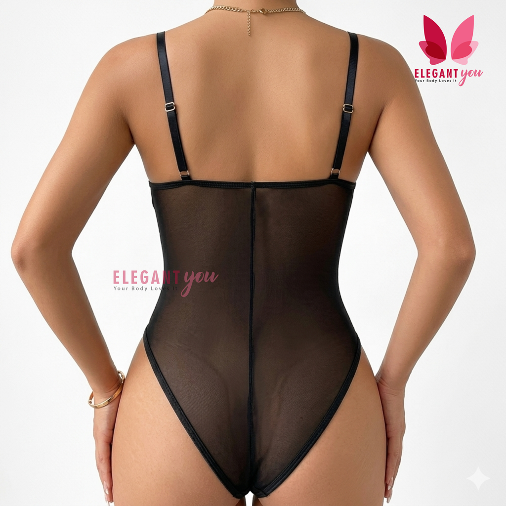 (34-40)Lacy Mesh Cut-out See-Through Body-Suit (W)