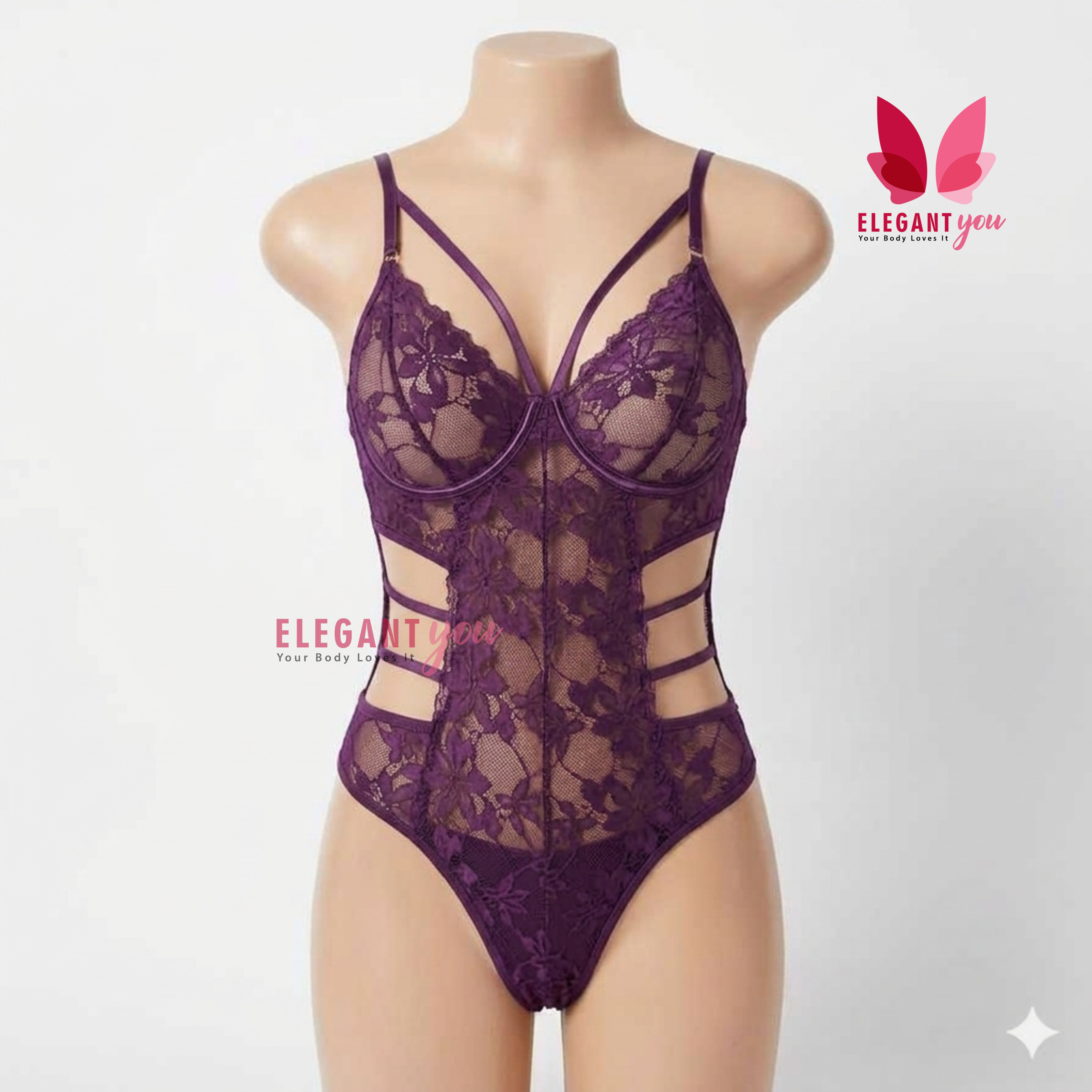 (34-40)Lacy Mesh Cut-out See-Through Body-Suit (W)