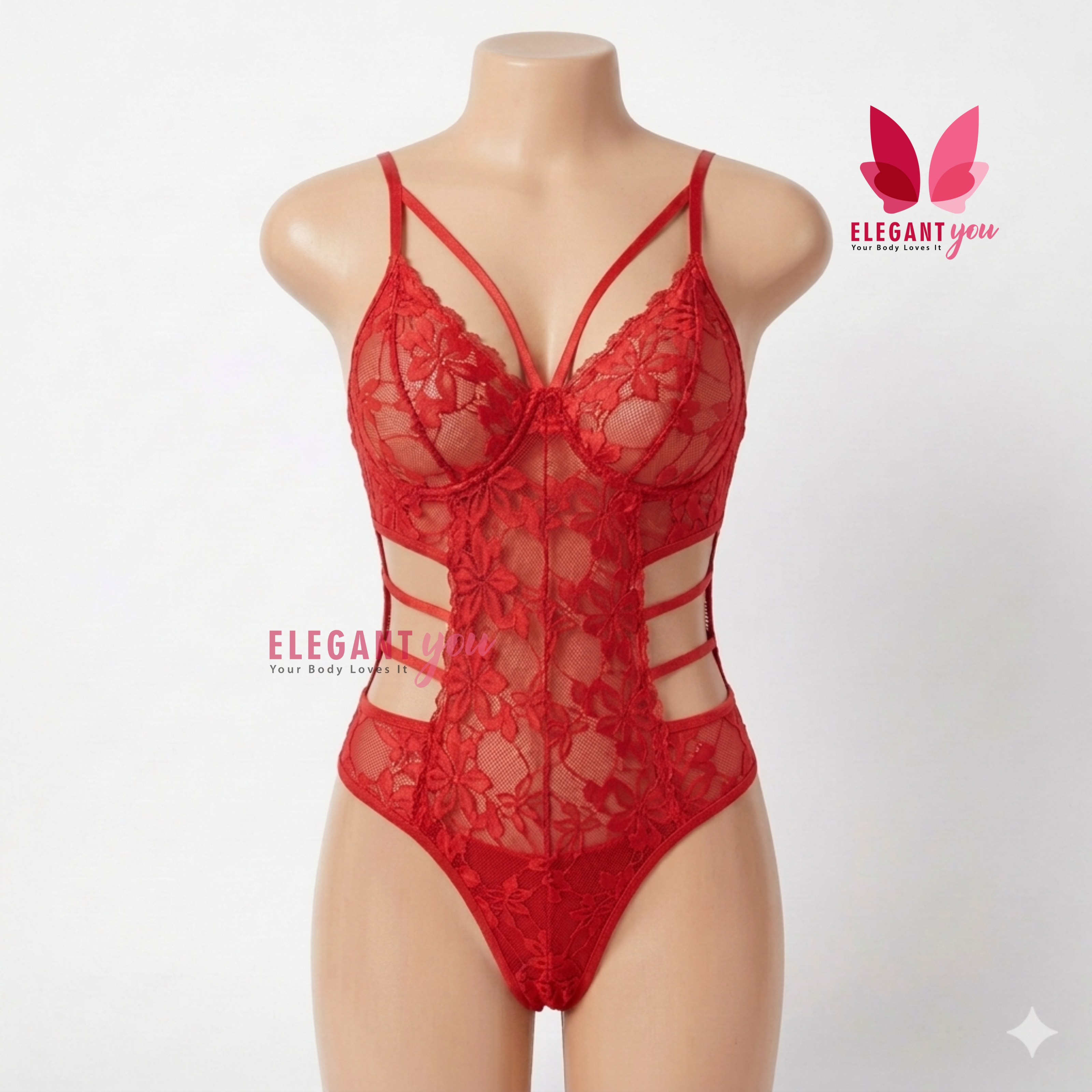 (34-40)Lacy Mesh Cut-out See-Through Body-Suit (W)