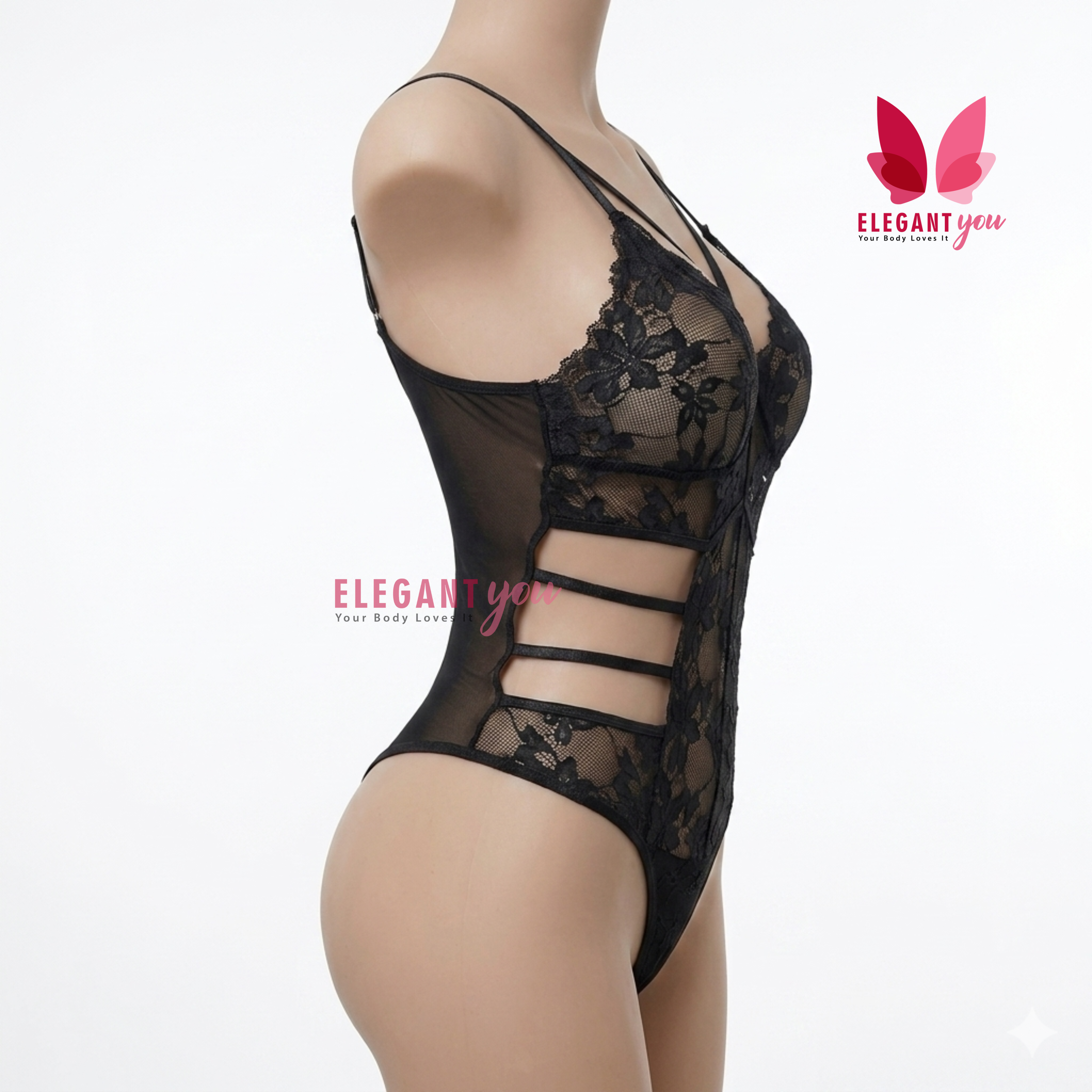 (34-40)Lacy Mesh Cut-out See-Through Body-Suit (W)
