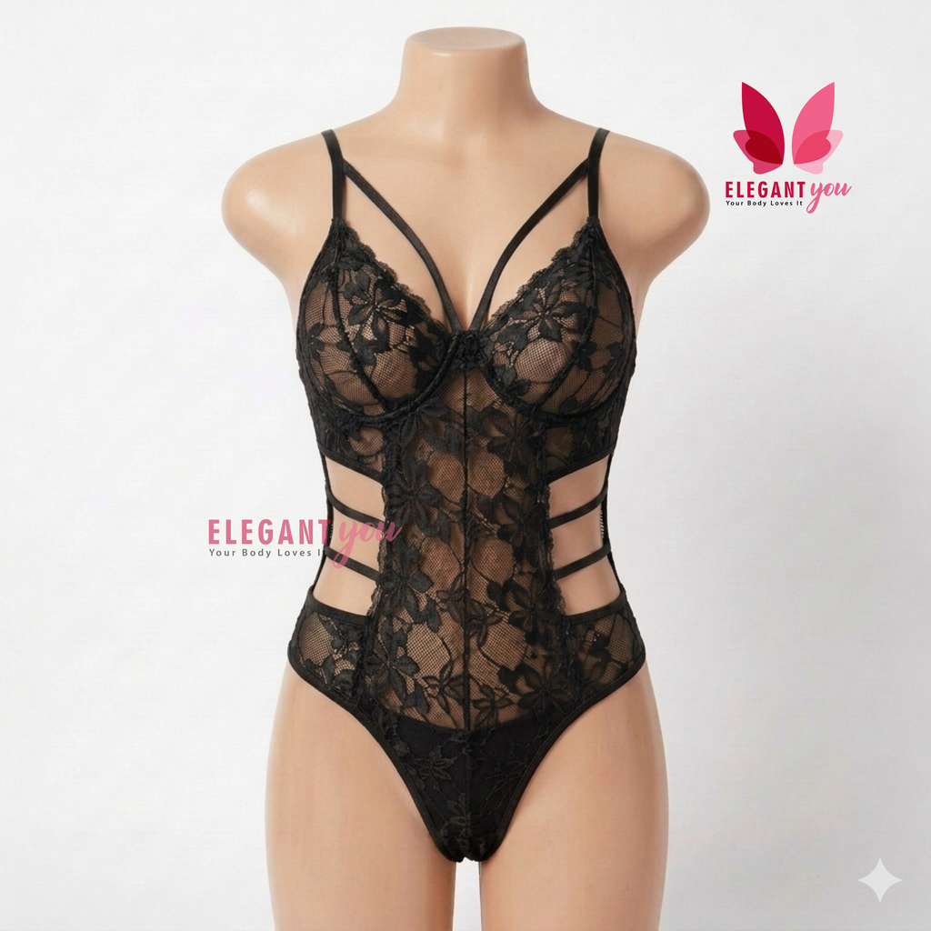 (34-40)Lacy Mesh Cut-out See-Through Body-Suit (W)