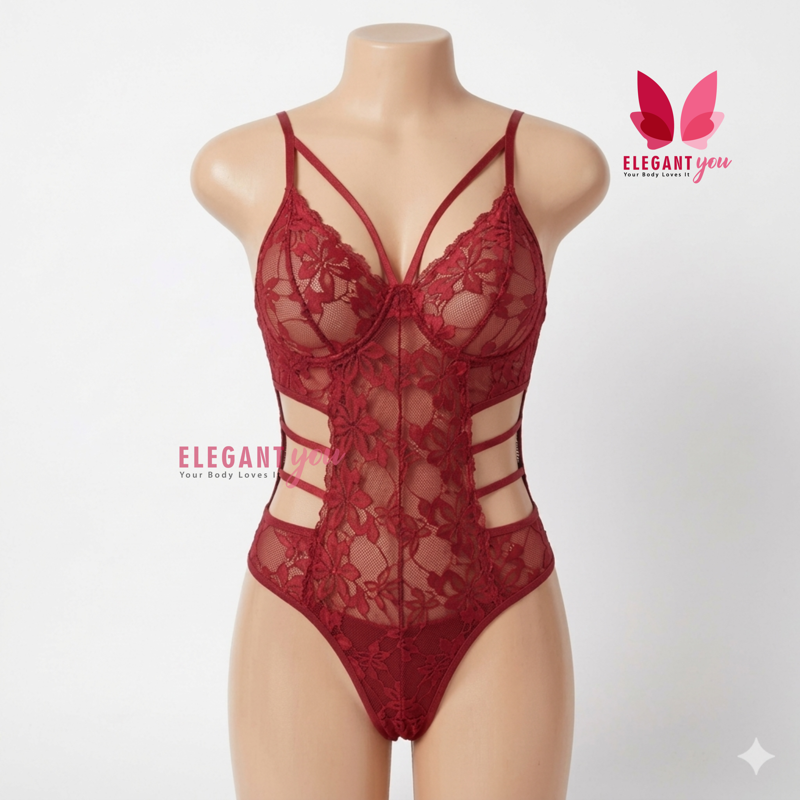 (34-40)Lacy Mesh Cut-out See-Through Body-Suit (W)