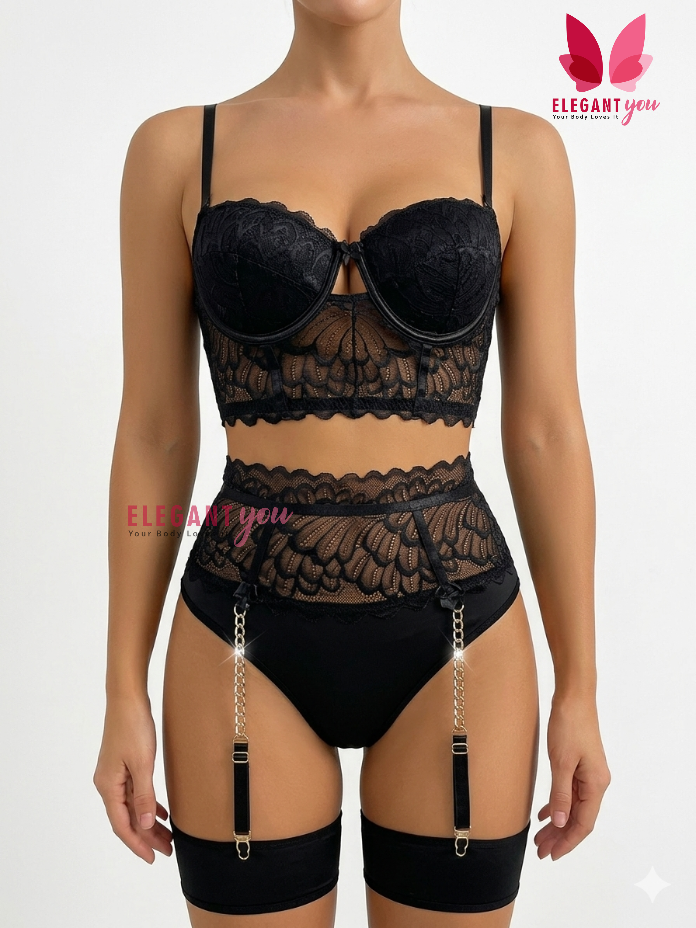 (32-42)Hot see through Lace Bra And Brief Set With Garter (W602)