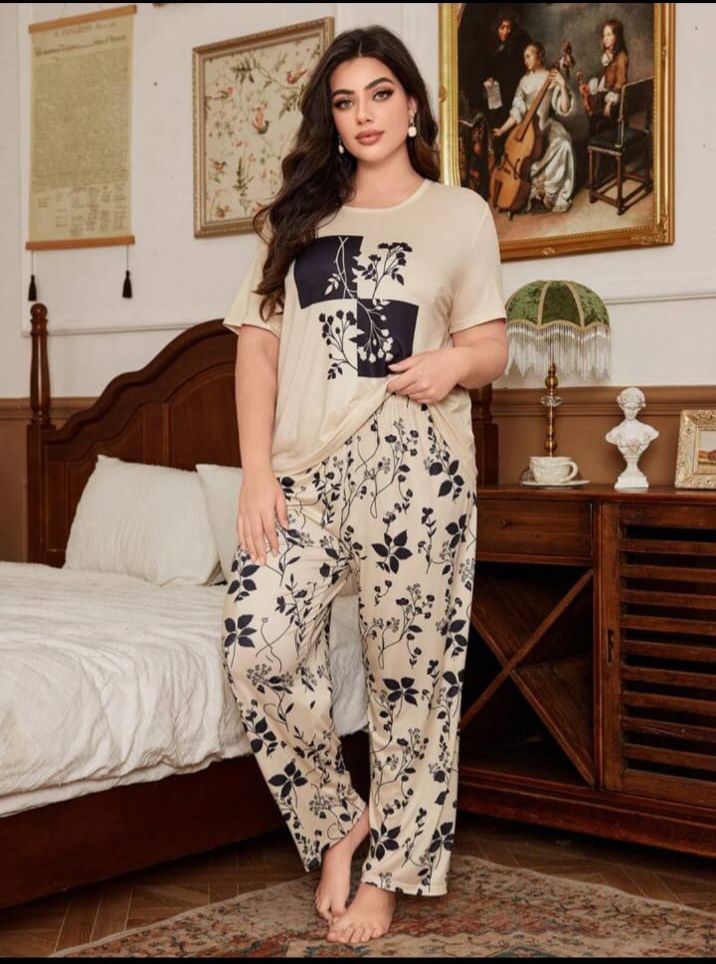 Off white Leaves Printed T-Shirt with leafs printed trouser Night wear (RX-301)