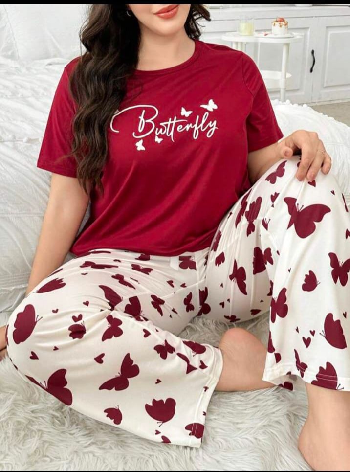 Maroon Butterfly Printed T-Shirt with Butterfly printed trouser Night wear (RX-300)
