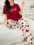 Maroon Butterfly Printed T-Shirt with Butterfly printed trouser Night wear (RX-300)