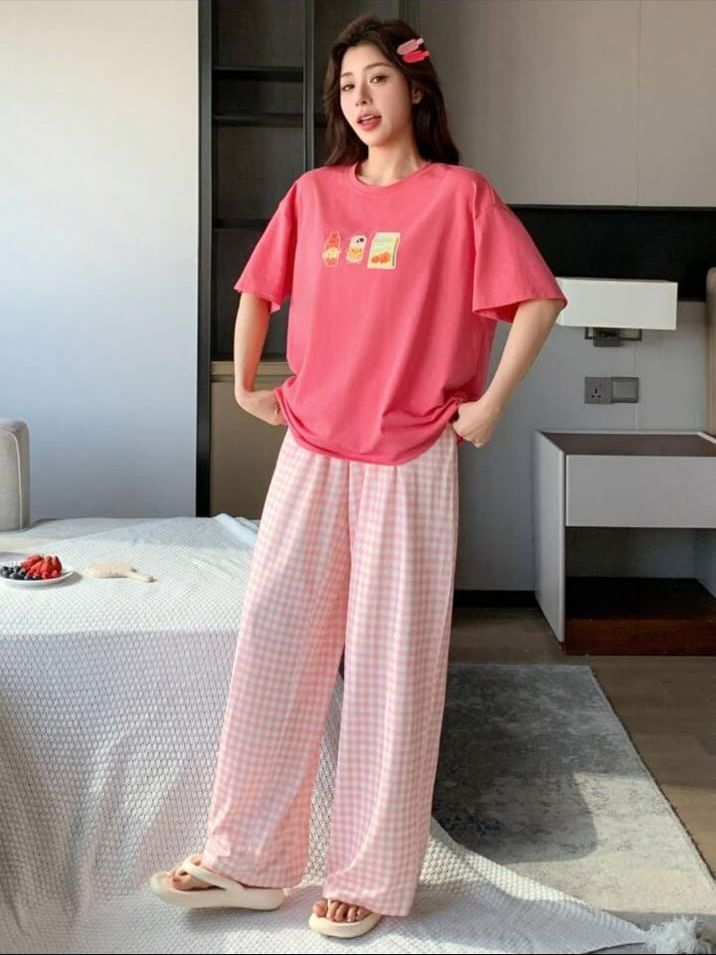 Pink Juices Printed T.shirt with check printed trouser Night wear (RX-297)