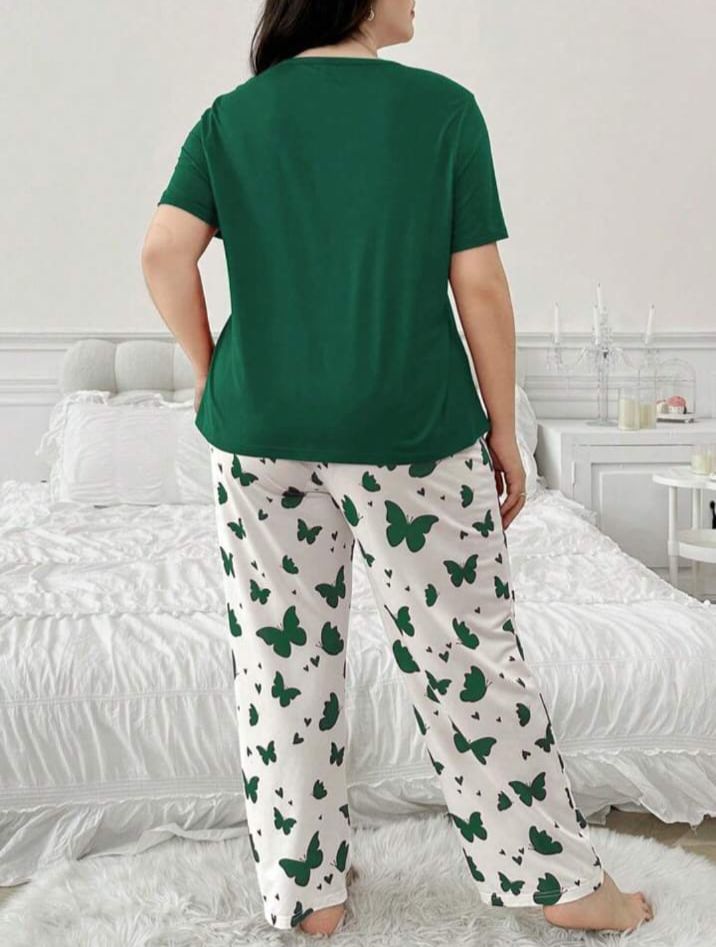 Dark Green Butterfly Printed T-Shirt with Butterfly printed trouser Night wear (RX-299)
