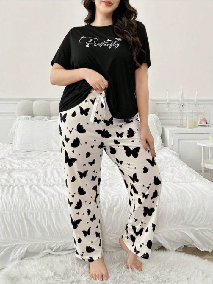 Black Butterfly Printed T-Shirt with Butterfly printed trouser Night wear (RX-298)