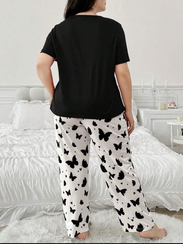 Black Butterfly Printed T-Shirt with Butterfly printed trouser Night wear (RX-298)