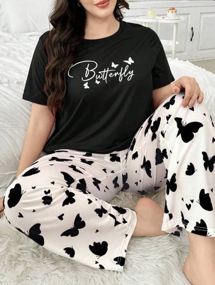 Black Butterfly Printed T-Shirt with Butterfly printed trouser Night wear (RX-298)