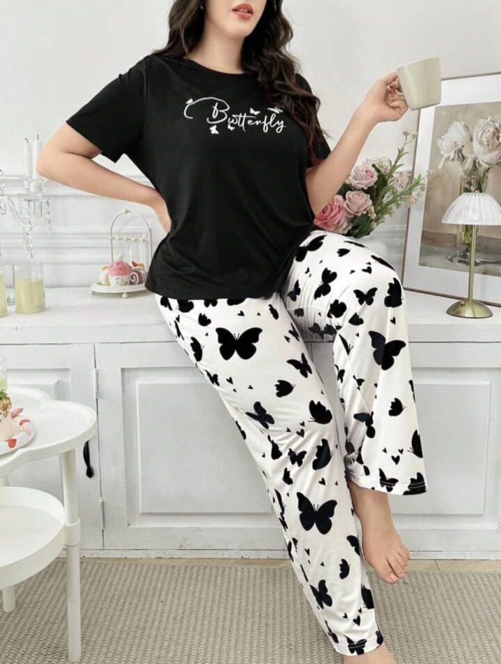 Black Butterfly Printed T-Shirt with Butterfly printed trouser Night wear (RX-298)