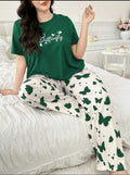 Dark Green Butterfly Printed T-Shirt with Butterfly printed trouser Night wear (RX-299)