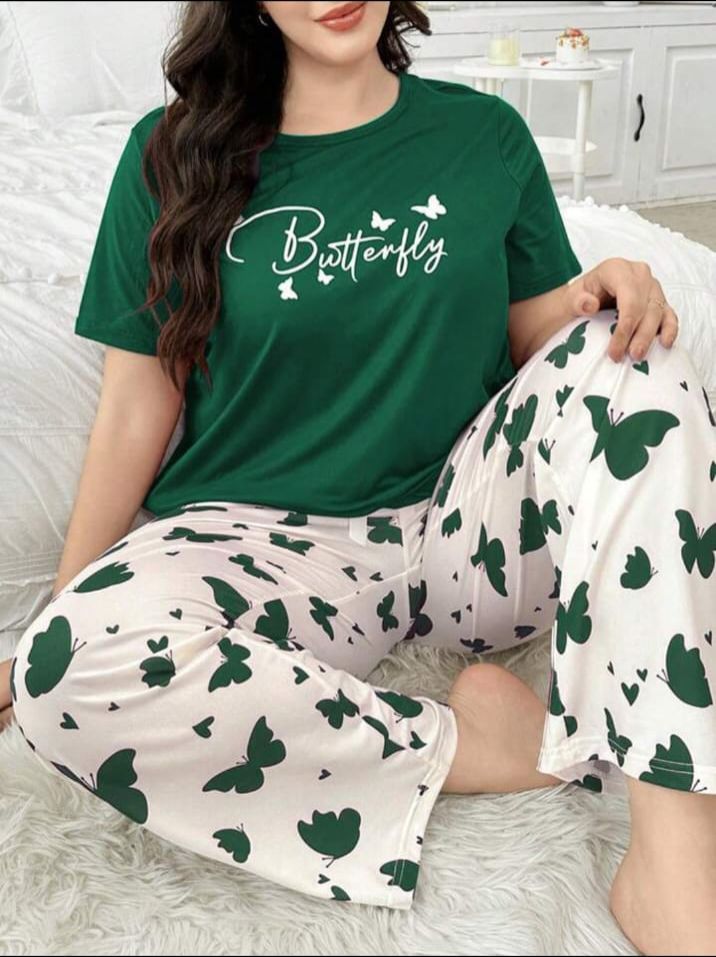 Dark Green Butterfly Printed T-Shirt with Butterfly printed trouser Night wear (RX-299)