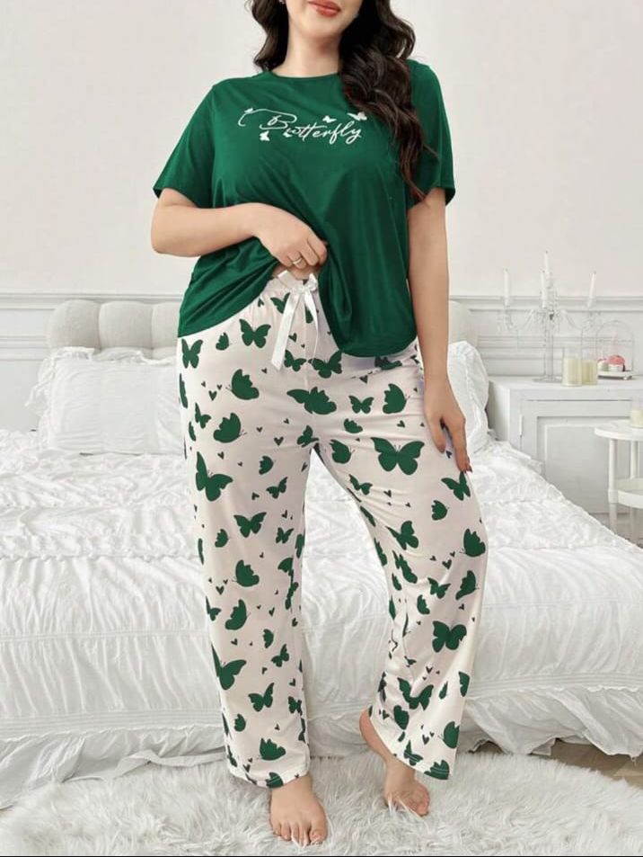 Dark Green Butterfly Printed T-Shirt with Butterfly printed trouser Night wear (RX-299)