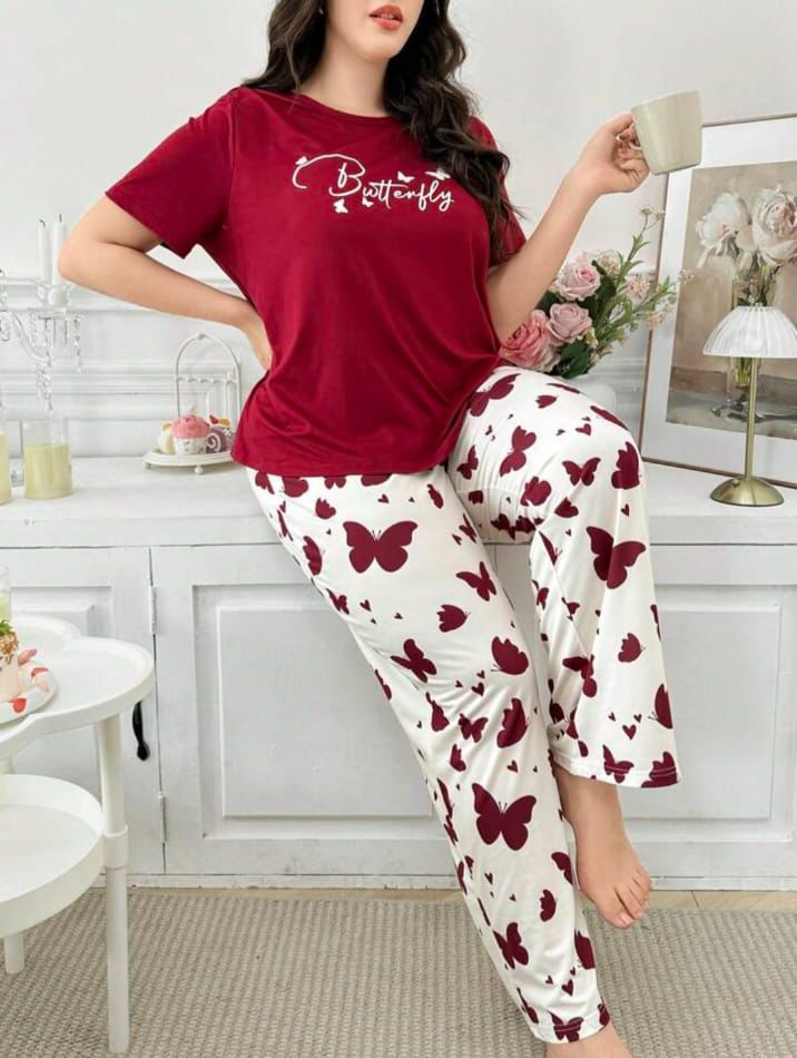 Maroon Butterfly Printed T-Shirt with Butterfly printed trouser Night wear (RX-300)