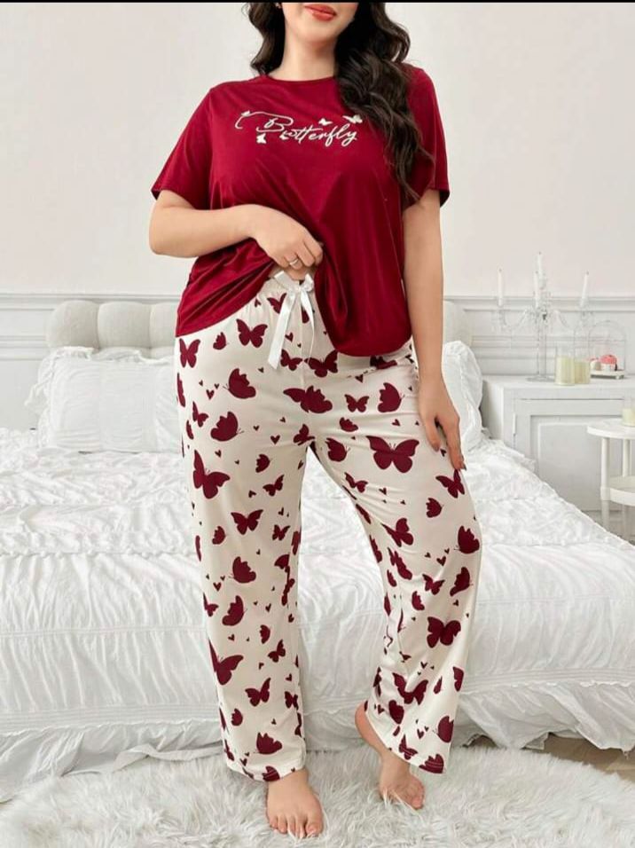 Maroon Butterfly Printed T-Shirt with Butterfly printed trouser Night wear (RX-300)