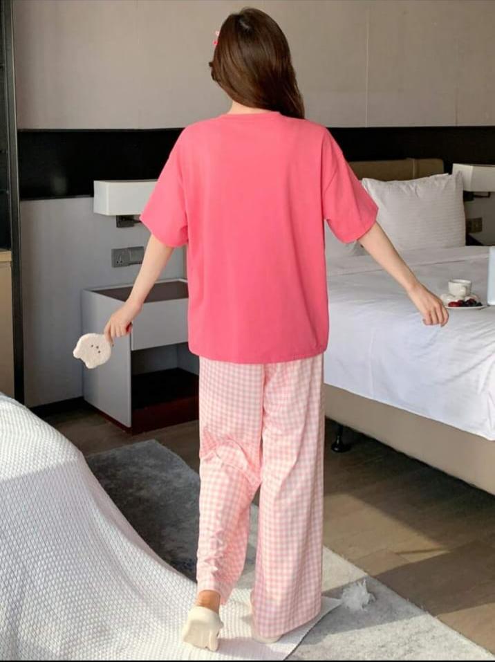 Pink Juices Printed T.shirt with check printed trouser Night wear (RX-297)