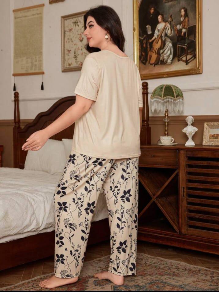 Off white Leaves Printed T-Shirt with leafs printed trouser Night wear (RX-301)