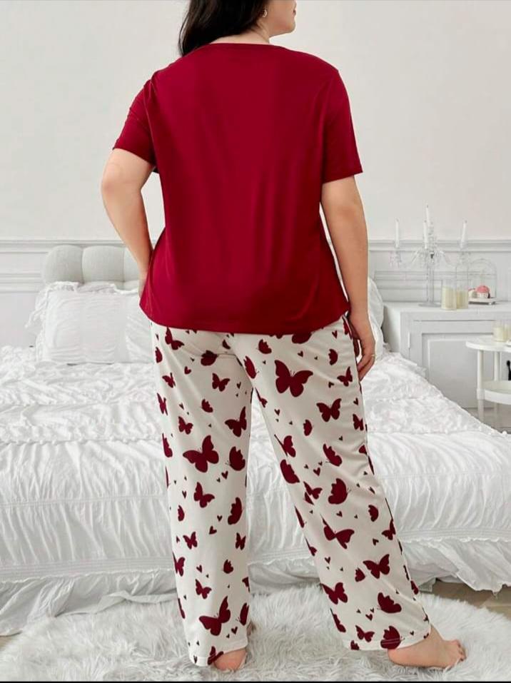 Maroon Butterfly Printed T-Shirt with Butterfly printed trouser Night wear (RX-300)