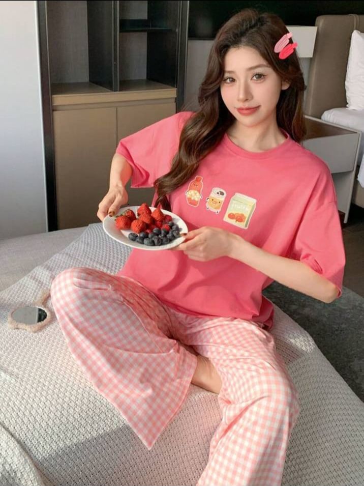 Pink Juices Printed T.shirt with check printed trouser Night wear (RX-297)