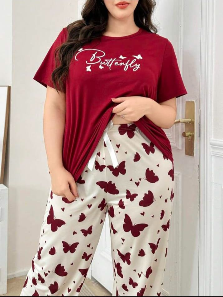 Maroon Butterfly Printed T-Shirt with Butterfly printed trouser Night wear (RX-300)