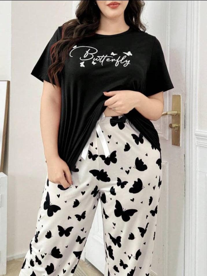 Black Butterfly Printed T-Shirt with Butterfly printed trouser Night wear (RX-298)
