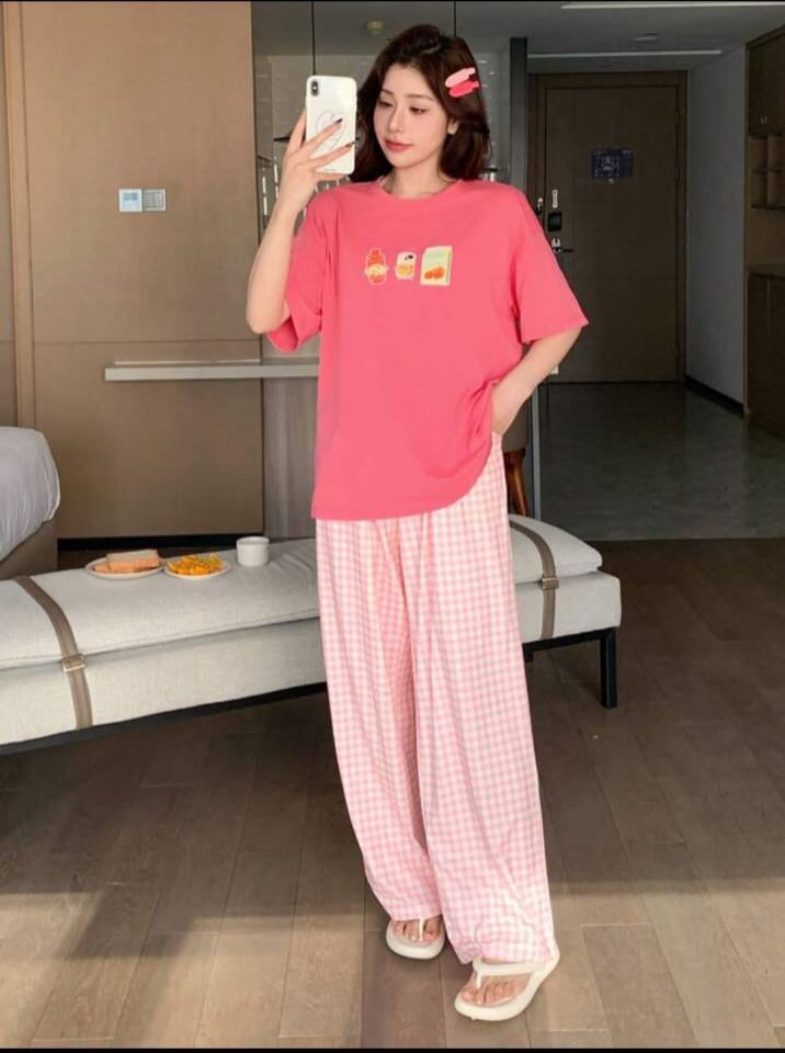 Pink Juices Printed T.shirt with check printed trouser Night wear (RX-297)