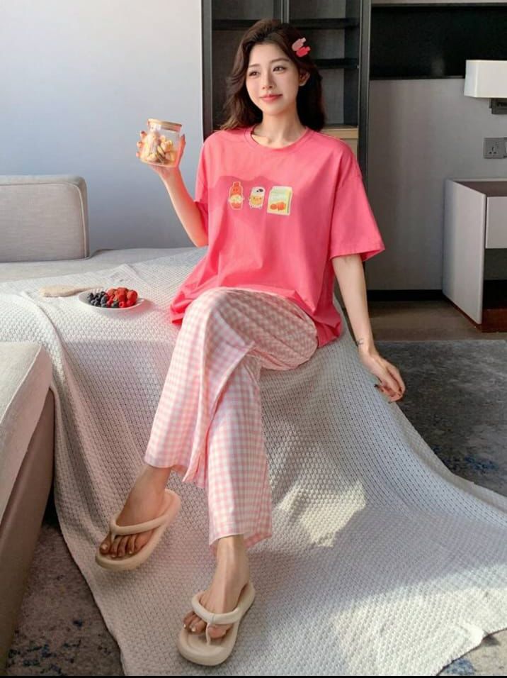 Pink Juices Printed T.shirt with check printed trouser Night wear (RX-297)