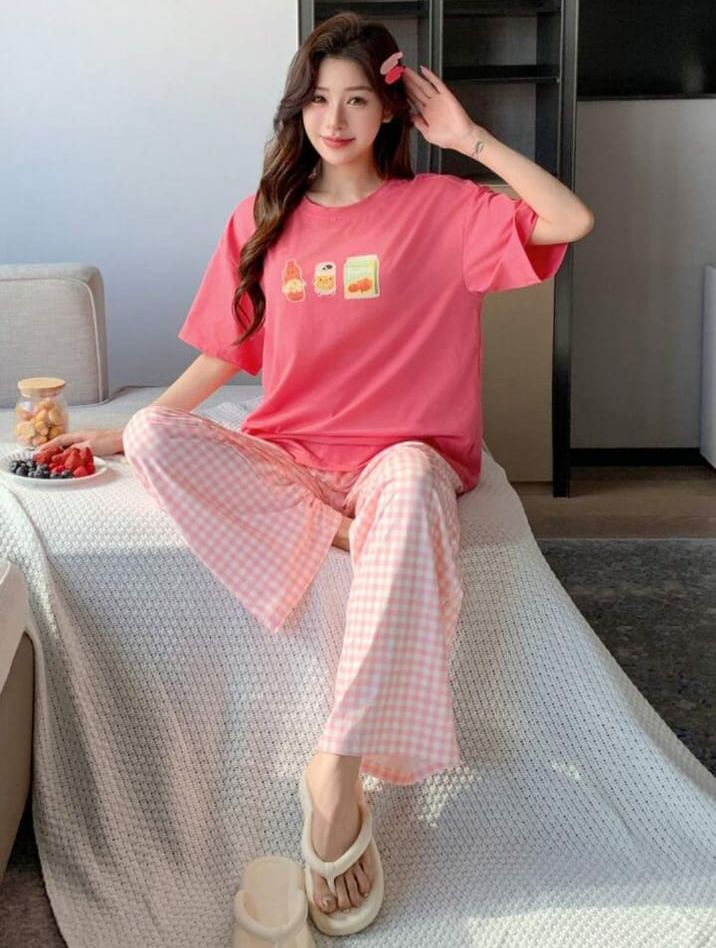 Pink Juices Printed T.shirt with check printed trouser Night wear (RX-297)