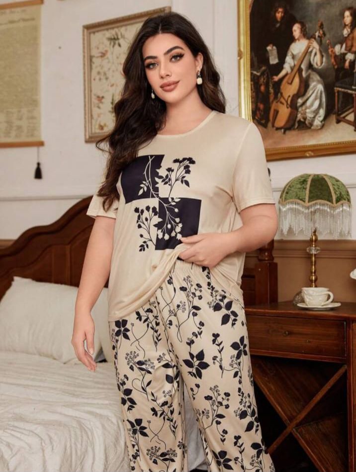 Off white Leaves Printed T-Shirt with leafs printed trouser Night wear (RX-301)